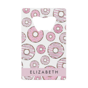 Patroon van donuts, roze donuts, ijs, Jouw naam Kredietkaart Flessenopener