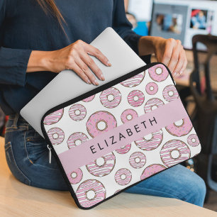 Patroon van donuts, roze donuts, ijs, Jouw naam Laptop Sleeve