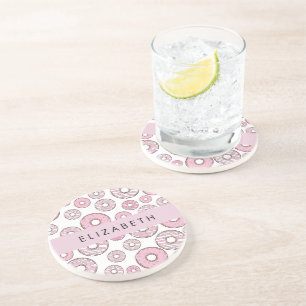 Patroon van donuts, roze donuts, ijs, Jouw naam Zandsteen Onderzetter