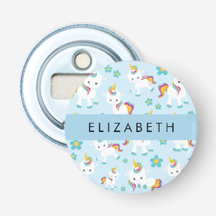 Patroon van eenhoorns, leuke eenhoorns, Jouw naam Button Flesopener