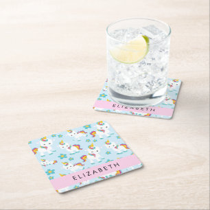 Patroon van eenhoorns, leuke eenhoorns, Jouw naam Vierkante Kartonnen Onderzetter