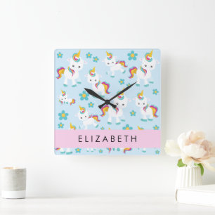 Patroon van eenhoorns, leuke eenhoorns, Jouw naam Vierkante Klok