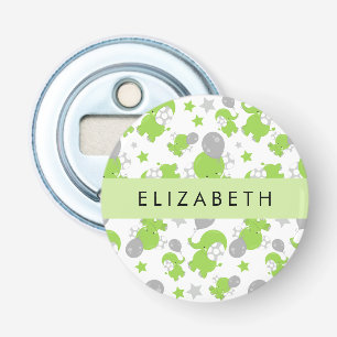 Patroon van groene olifanten, sterren, Jouw naam Button Flesopener