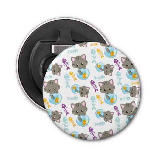 Patroon van katten, kattenkatten, Kittens, vis Button Flesopener (Voorkant)