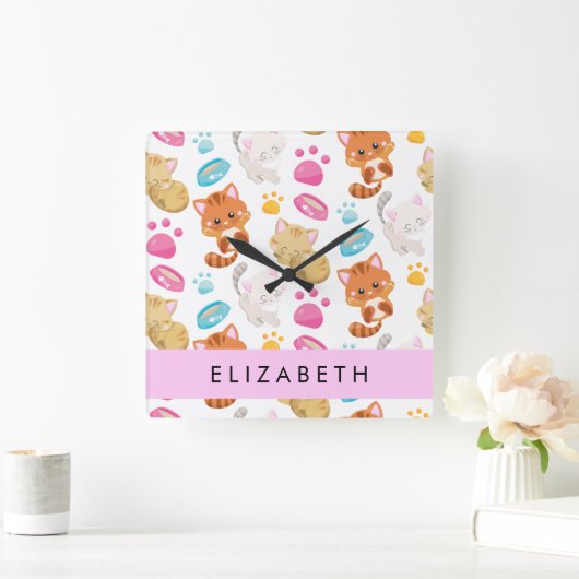 Patroon van katten, schattige katten, Kat, poten,  Vierkante Klok (Huis)