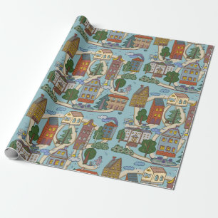 patroon van kleine stedenhuisjes  cadeaupapier