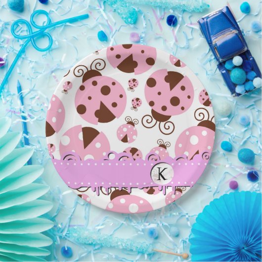 Patroon van ladybugs, roze ladybugs, monogram papieren bordje (Feest)