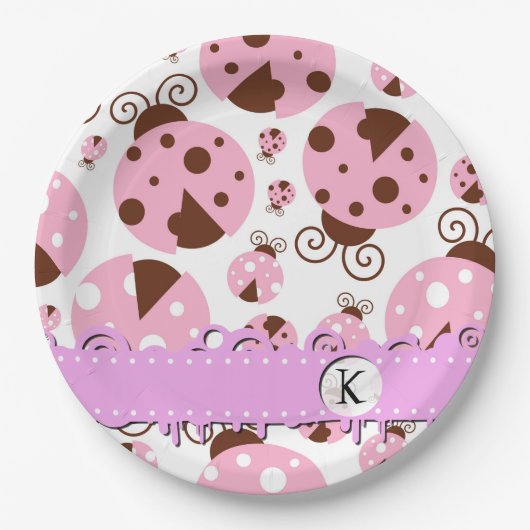 Patroon van ladybugs, roze ladybugs, monogram papieren bordje (Voorkant)