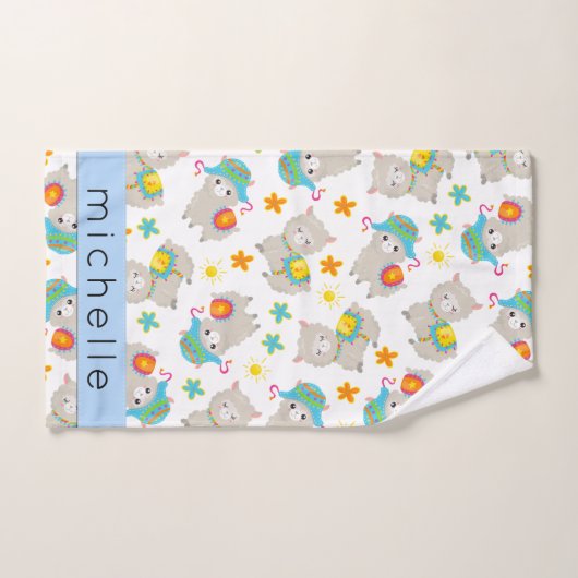 Patroon van lama's, alpaca's, bloemen, Jouw naam Bad Handdoek (Handdoek)