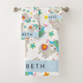 Patroon van lama's, alpaca's, bloemen, Jouw naam Bad Handdoek (Insitu)