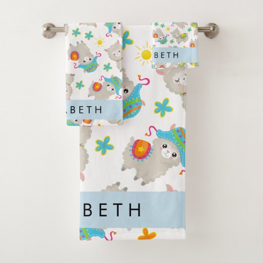 Patroon van lama's, alpaca's, bloemen, Jouw naam Bad Handdoek (Insitu)