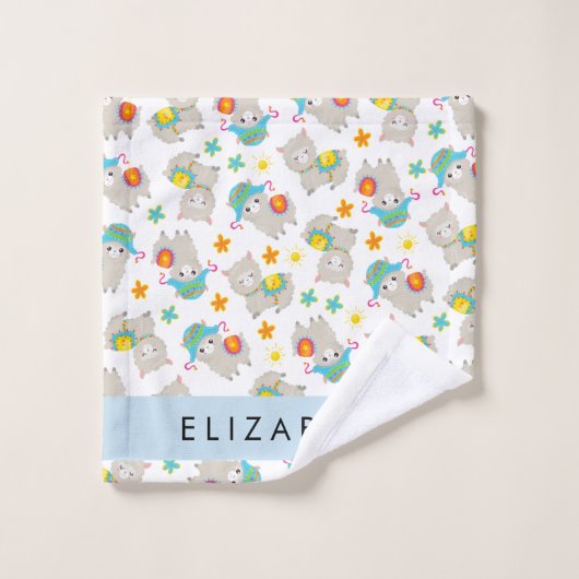 Patroon van lama's, alpaca's, bloemen, Jouw naam Bad Handdoek (Wasdoekje)
