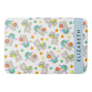 Patroon van lama's, alpaca's, bloemen, Jouw naam Badmat