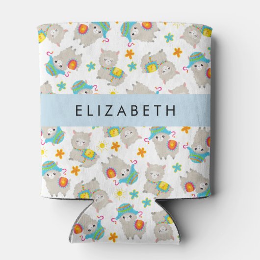 Patroon van lama's, alpaca's, bloemen, Jouw naam Blikjeskoeler (Achterkant)