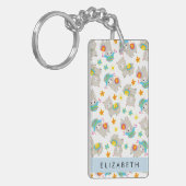 Patroon van lama's, alpaca's, bloemen, Jouw naam Sleutelhanger (Voorkant Links)