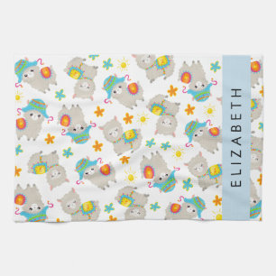 Patroon van lama's, alpaca's, bloemen, Jouw naam Theedoek