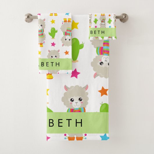 Patroon van lama's, alpaca's, cactus, Jouw naam Bad Handdoek (Insitu)