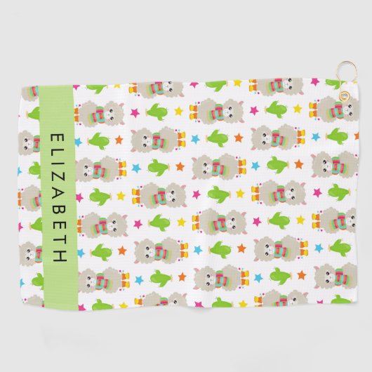 Patroon van lama's, alpaca's, cactus, Jouw naam Golfhanddoek (Horizontaal)