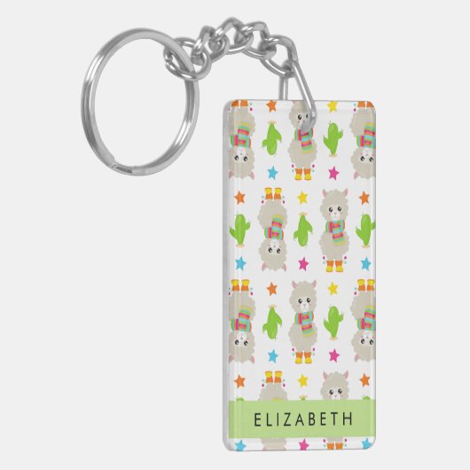 Patroon van lama's, alpaca's, cactus, Jouw naam Sleutelhanger (Voorkant Links)