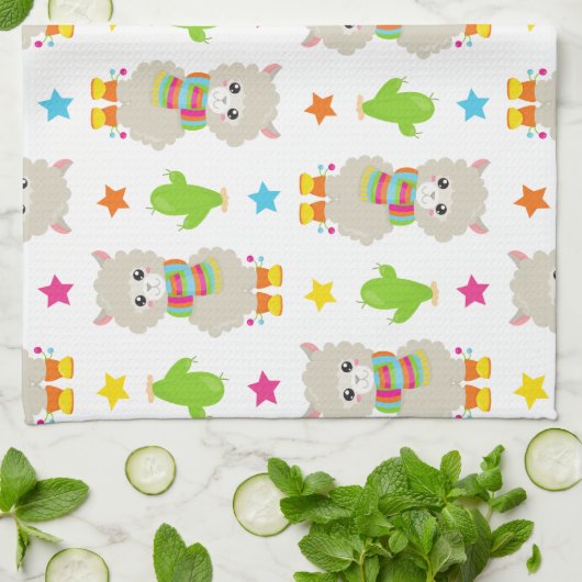 Patroon van lama's, alpaca's, cactus, Jouw naam Theedoek (Gevouwen)