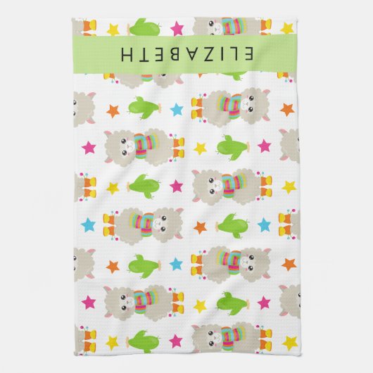 Patroon van lama's, alpaca's, cactus, Jouw naam Theedoek (Verticaal)