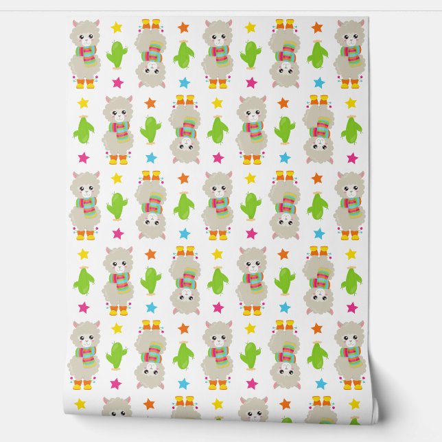 Patroon van lama's, Cute Llamas, Alpacas, Cactus Behang (Afrollen)