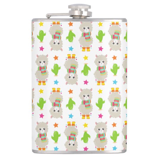 Patroon van lama's, Cute Llamas, Alpacas, Cactus Heupfles (Voorkant)