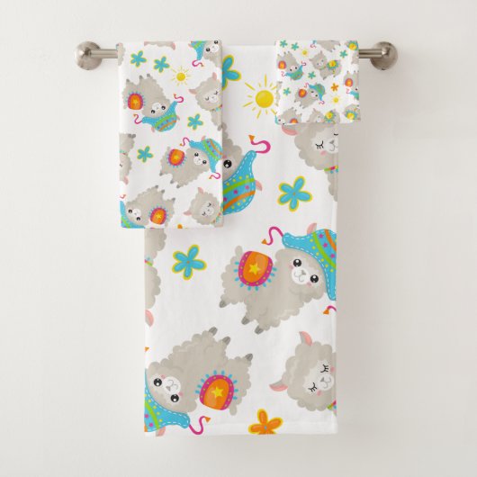Patroon van lama's, schildlama's, alpaca's, bloeme bad handdoek (Insitu)