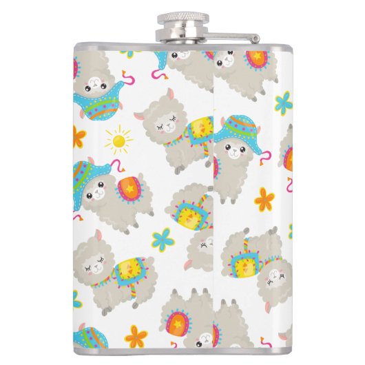 Patroon van lama's, schildlama's, alpaca's, bloeme heupfles (Achterkant)