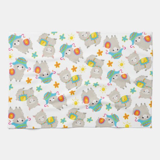 Patroon van lama's, schildlama's, alpaca's, bloeme theedoek (Horizontaal)