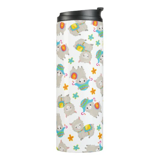 Patroon van lama's, schildlama's, alpaca's, bloeme thermosbeker (Gedraaid links)