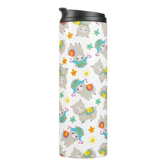 Patroon van lama's, schildlama's, alpaca's, bloeme thermosbeker (Geroteerd rechts)