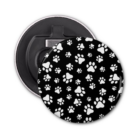 Patroon van Paws, Paw Prints, zwart en wit Button Flesopener (Voorkant)