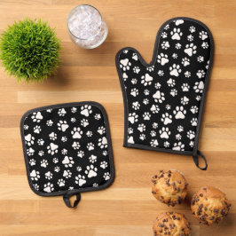Patroon van Paws, Paw Prints, zwart en wit Ovenwant & Pannenlap Set