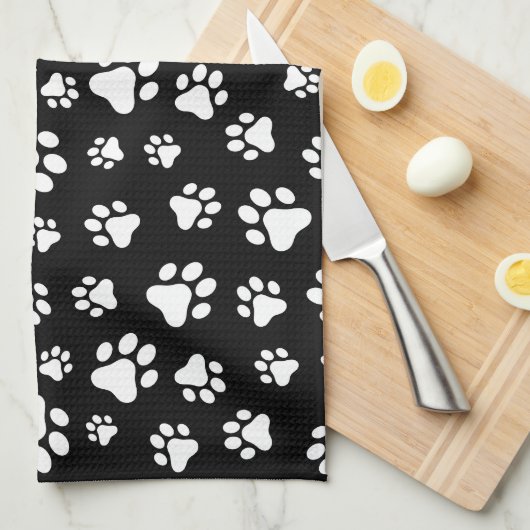 Patroon van Paws, Paw Prints, zwart en wit Theedoek (Quarter Fold)