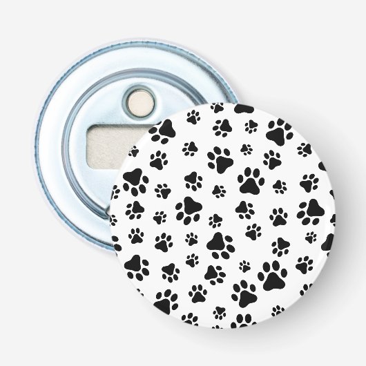 Patroon van poten, hondenpoten, zwart en wit button flesopener (Voorkant)