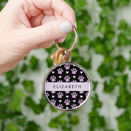 Patroon van poten, Lila poten, harten, Jouw naam Sleutelhanger (Hand)