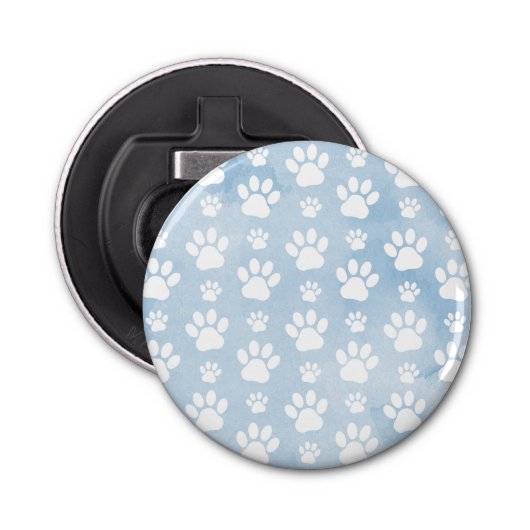 Patroon van poten, witte poten, Waterverven, blauw Button Flesopener (Voorkant)