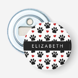 Patroon van poten, zwarte poten, rode harten, Jouw Button Flesopener