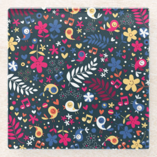 patroon van schattige vogels en bloemen glazen onderzetter