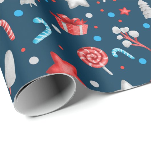patroon van sterren, cadeaus, Snoepjes op blauw Cadeaupapier (Rol Hoek)