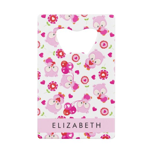 Patroon van uilen, schattige uilen, roze uilen, Jo Kredietkaart Flessenopener (Voorkant)