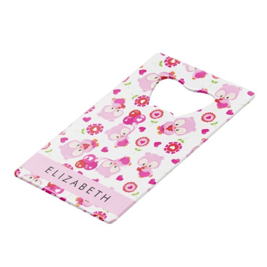Patroon van uilen, schattige uilen, roze uilen, Jo Kredietkaart Flessenopener (Voorkant Gekanteld)