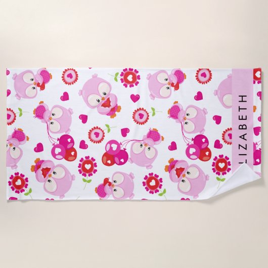 Patroon van uilen, schattige uilen, roze uilen, Jo Strandlaken (Voorkant)