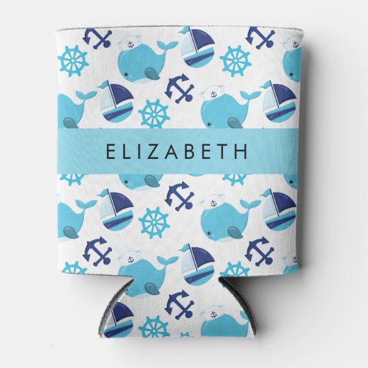 Patroon van walvissen, blauwe walvissen, Jouw naam Blikjeskoeler (Voorkant)