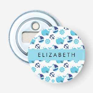 Patroon van walvissen, blauwe walvissen, Jouw naam Button Flesopener