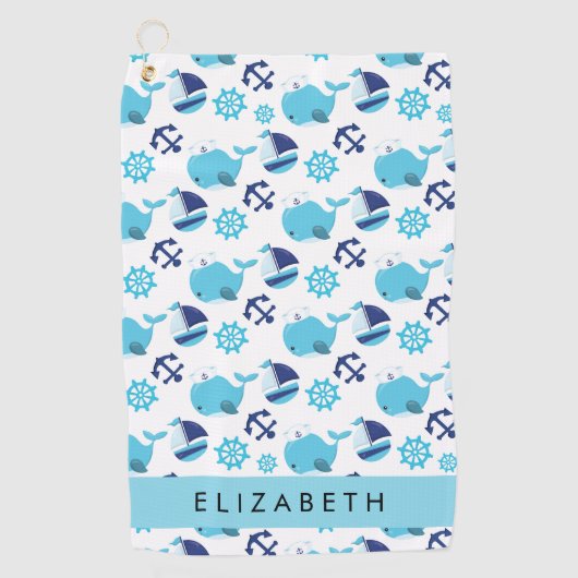 Patroon van walvissen, blauwe walvissen, Jouw naam Golfhanddoek (Voorkant)
