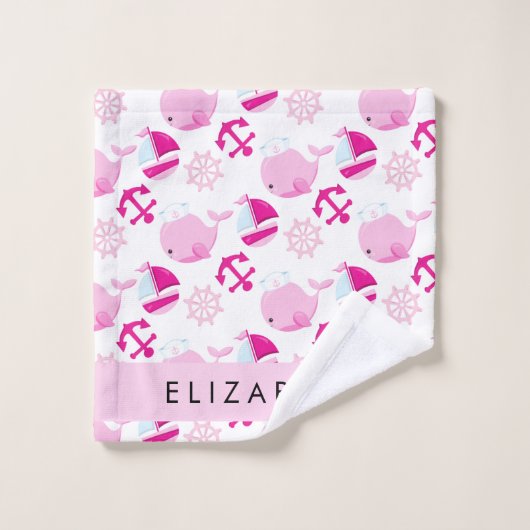 Patroon van walvissen, roze walvissen, Jouw naam Bad Handdoek (Wasdoekje)