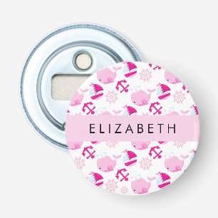 Patroon van walvissen, roze walvissen, Jouw naam Button Flesopener