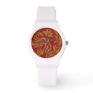 Patroon voor rode en gouden flora horloge